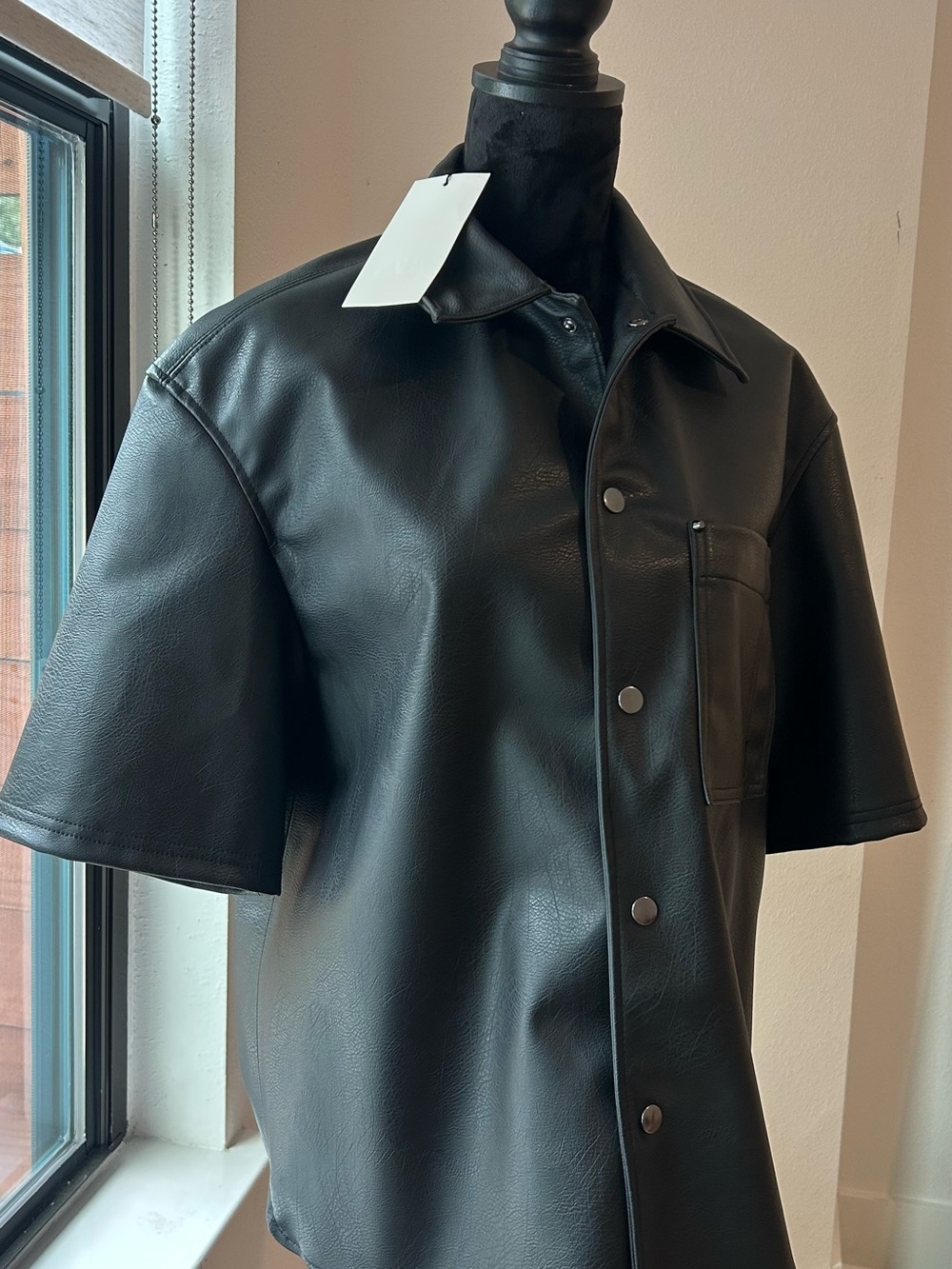 Zara Black Short-Sleeve Faux Leather Button-Front Shirt